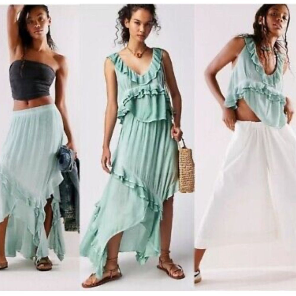 Free People If Only Skirt Set Harbor Mint Rayon Gauze Asymetrical Ruffle Medium